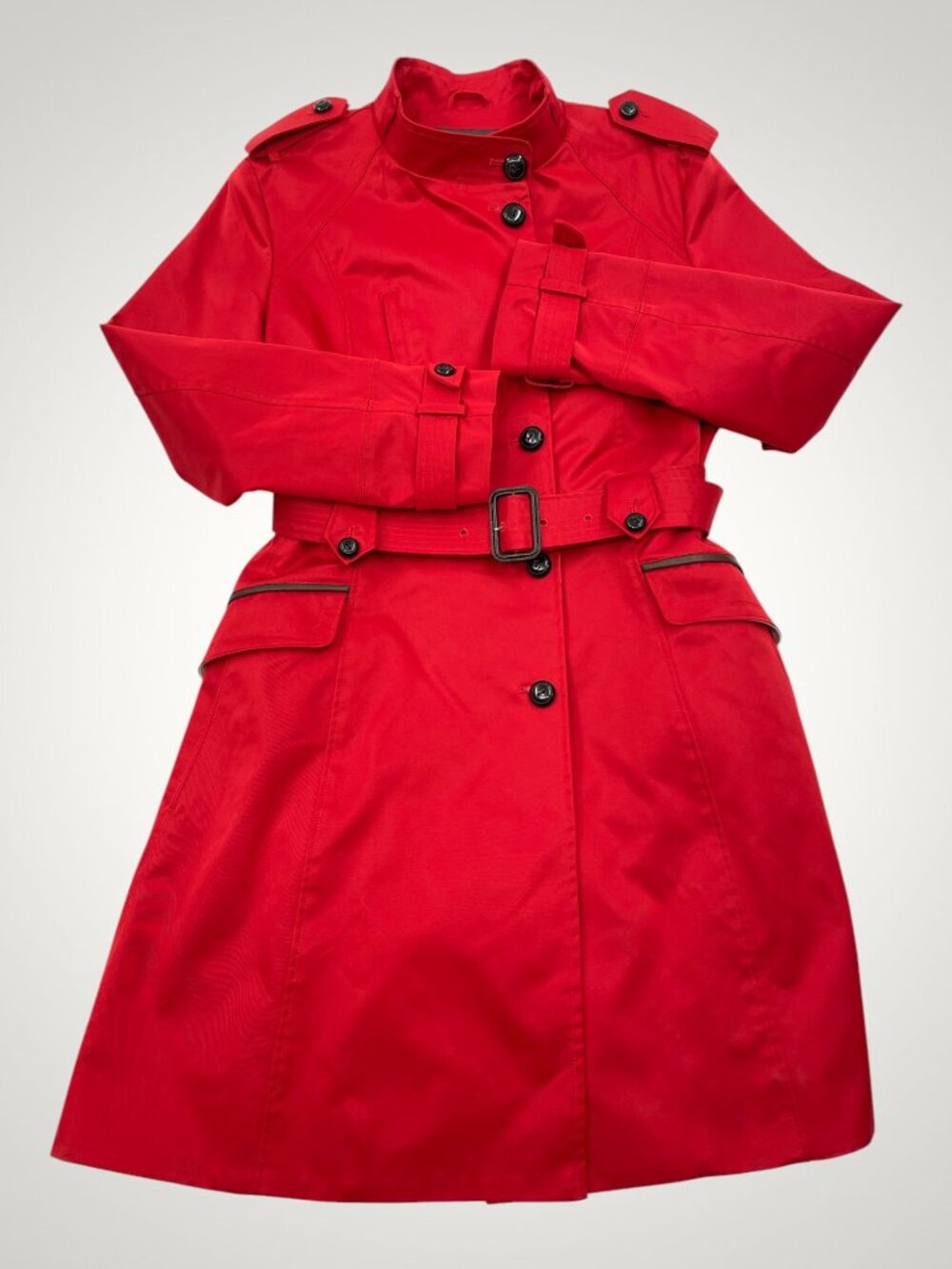 COLE HAAN Red Long Leather Trim Belted Trench Rain Coat Jacket Women's L